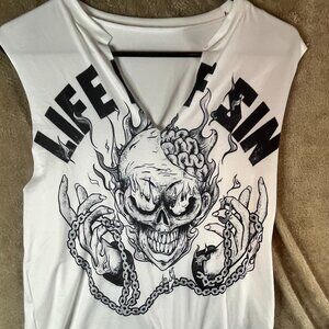 Unbranded Mens Muscle Tank Top Sleeveless V-Neck Skull Graphic Print White XS
